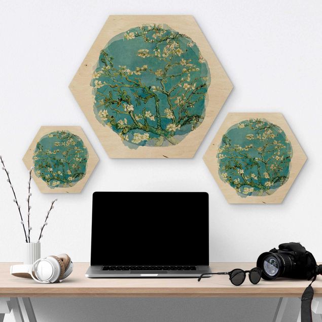 Hexagons houten schilderijen WaterColours - Vincent Van Gogh - Almond Blossom