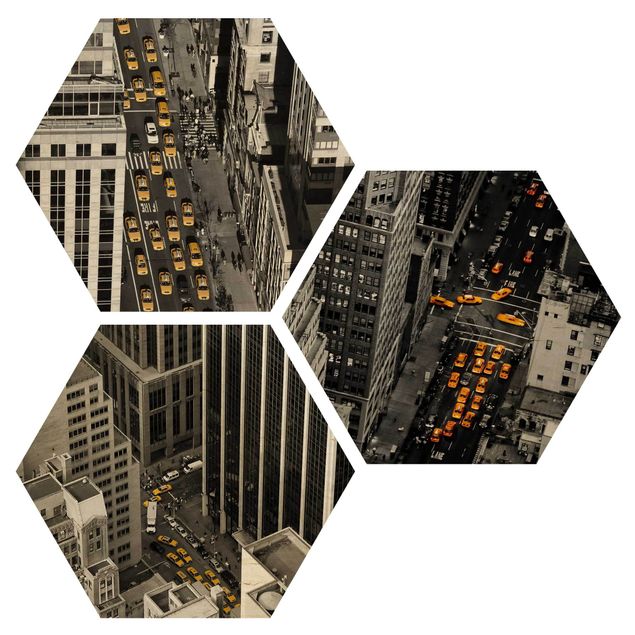 Hexagons houten schilderijen - 3-delig New York Taxis