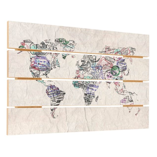 Houten schilderijen op plank Passport Stamp World Map