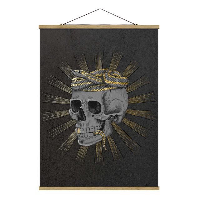Stoffen schilderij met posterlijst Illustration Skull And Snake Black Gold