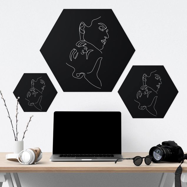 Hexagons Forex schilderijen Line Art Women Faces Black
