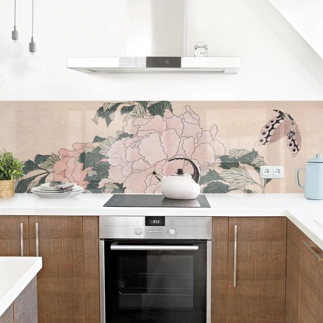 Achterwand voor keuken dieren Katsushika Hokusai - Pink Peonies With Butterfly