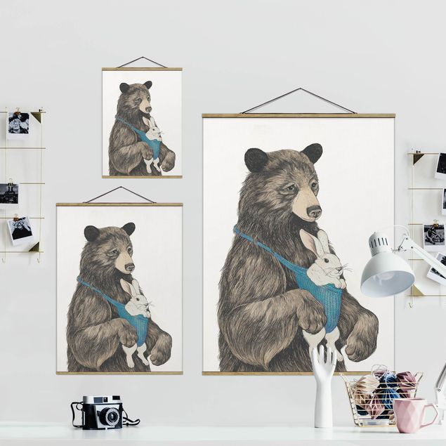 Stoffen schilderij met posterlijst Illustration Bear And Bunny Baby