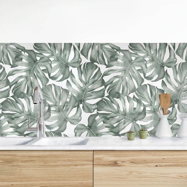 Achterwand voor keuken bloemen Watercolour Monstera Leaves In Green