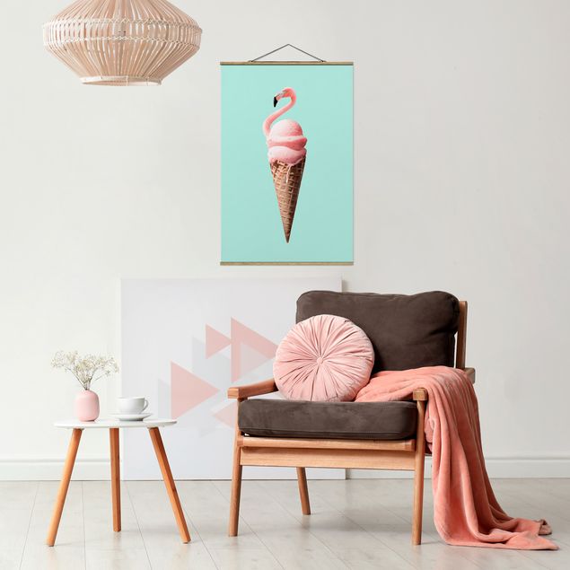 Stoffen schilderij met posterlijst Ice Cream Cone With Flamingo