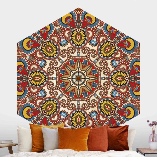 Hexagon Behang Coloured Mandala
