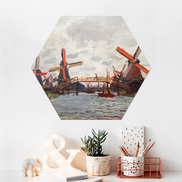 Hexagons Aluminium Dibond schilderijen Claude Monet - Windmills in Westzijderveld near Zaandam
