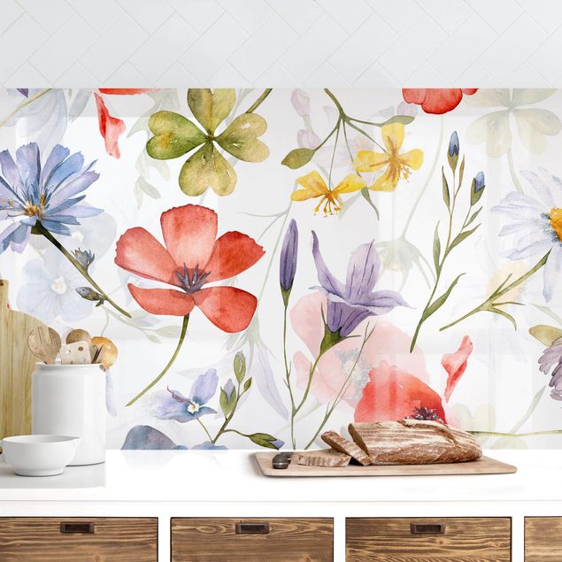 Achterwand voor keuken bloemen Watercolour Poppy With Cloverleaf