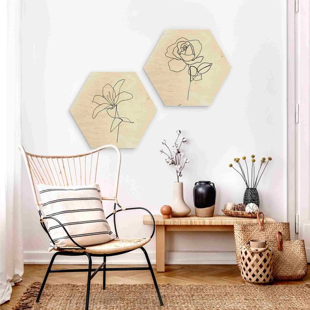 Hexagons houten schilderijen - 2-delig Line Art Flowers Black White Set