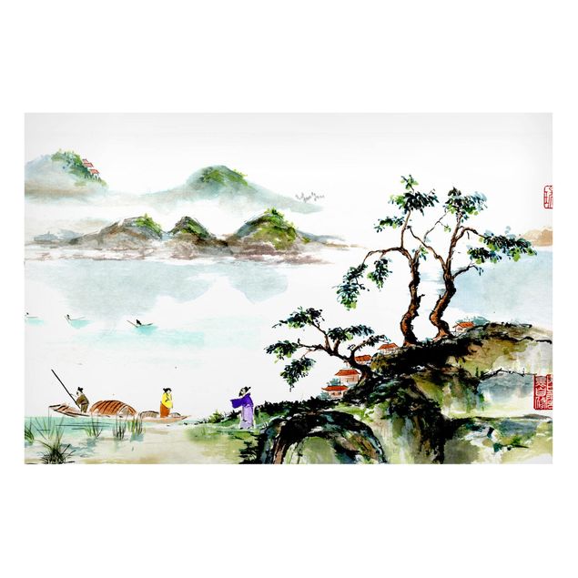 Magneetborden Japanese Watercolour Drawing Lake And Mountains