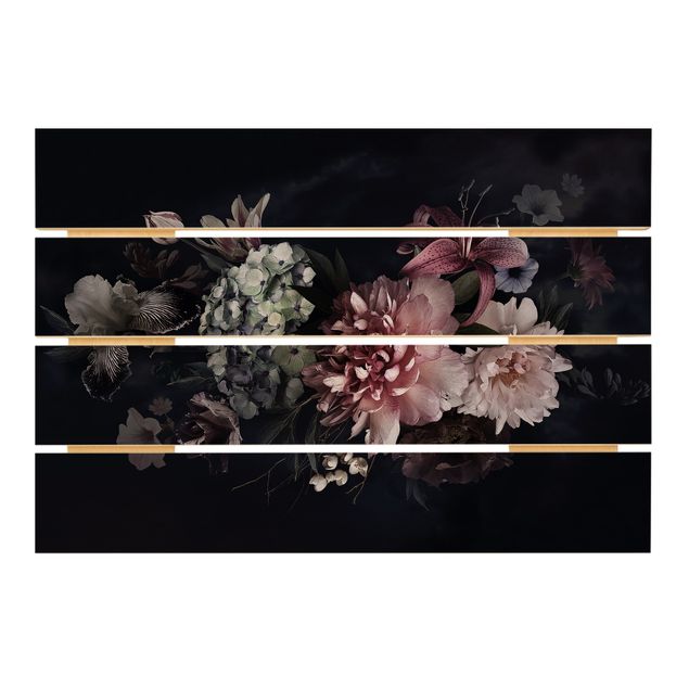 Houten schilderijen op plank Flowers With Fog On Black