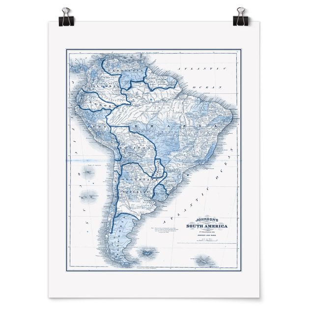 Posters Map In Blue Tones - South America