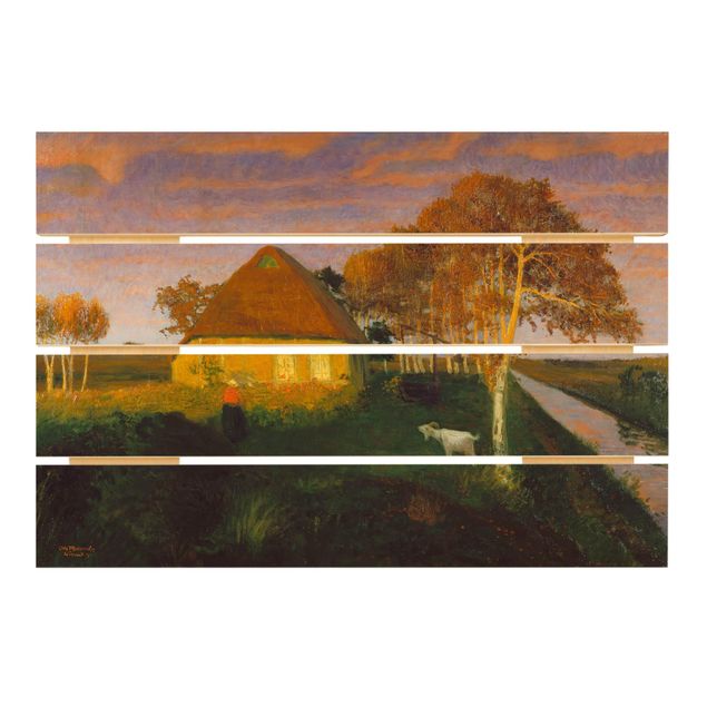 Houten schilderijen op plank Otto Modersohn - Moor Cottage in the Evening Sun