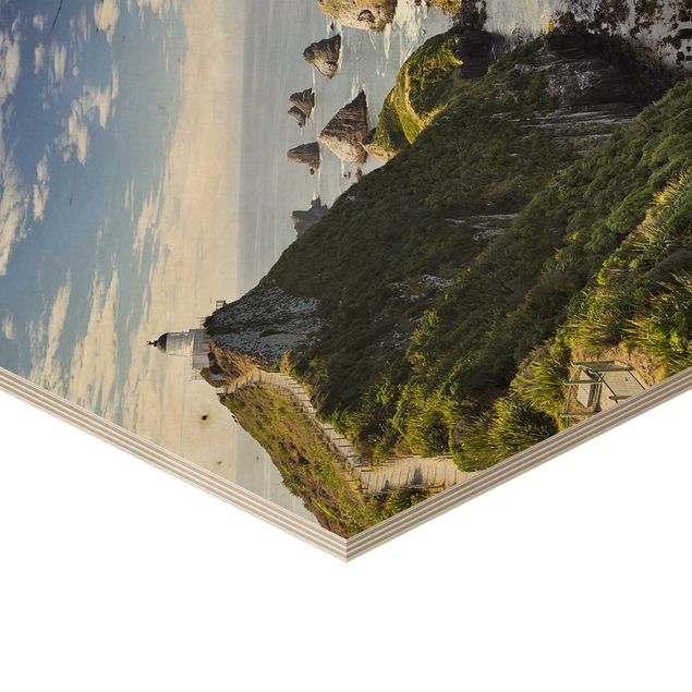 Hexagons houten schilderijen Nugget Point Lighthouse And Sea New Zealand