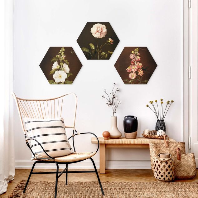 Hexagons Aluminium Dibond schilderijen - 3-delig Barbara Regina Dietzsch - Roses And Levkkoje
