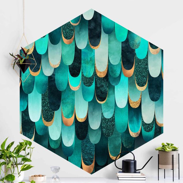 Hexagon Behang Feathers Gold Turquoise