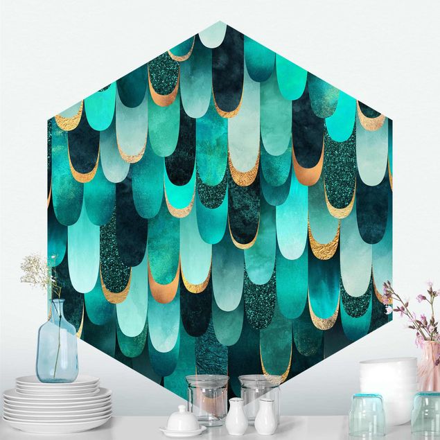 Hexagon Behang Feathers Gold Turquoise