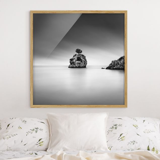 Ingelijste posters Rocky Island In The Sea Black And White