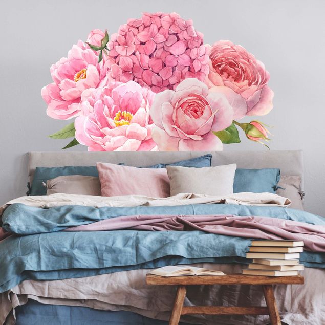 Muurstickers natuur Watercolour Hydrangea Rose Bouquet XXL