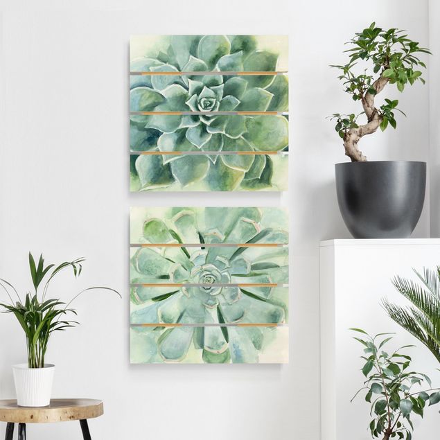 Houten schilderijen op plank - 2-delig Succulent Watercolour Set I
