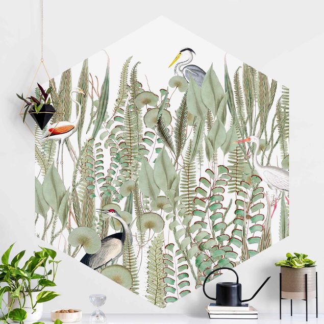 Hexagon Behang Flamingo And Stork With Plants