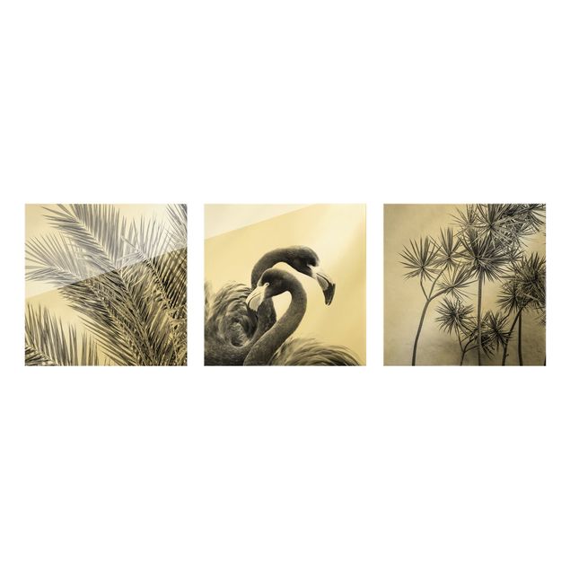 Glasschilderijen - 3-delig Flamingos And Palm Trees