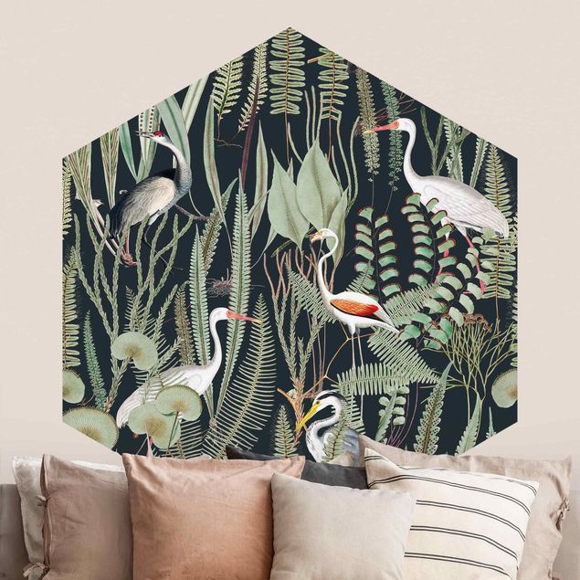 Hexagon Behang Flamingos And Storks With Plants On Green