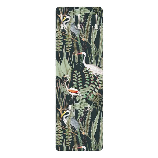 Wandkapstokken houten paneel - Flamingos And Storks With Plants On Green