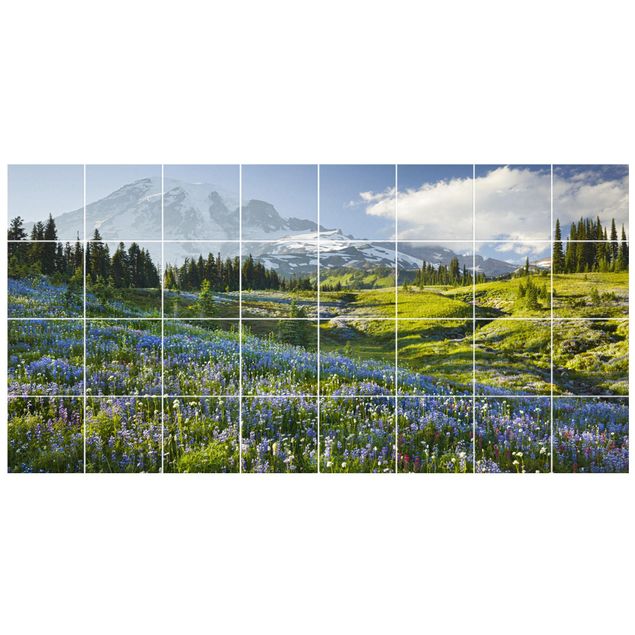 Tegelstickers - Mountain Meadow With Blue Flowers in Front of Mt. Rainier