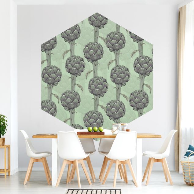 Hexagon Behang Floral Elegance Artichoke With Gradient Green XXl