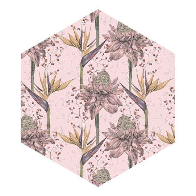 Hexagon Behang Floral Elegance Vintage Strelitzia On Pink Backdrop XXL