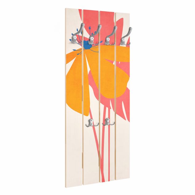 Wandgarderobe Holz  -  Florale Schönheit Rosa und Orange