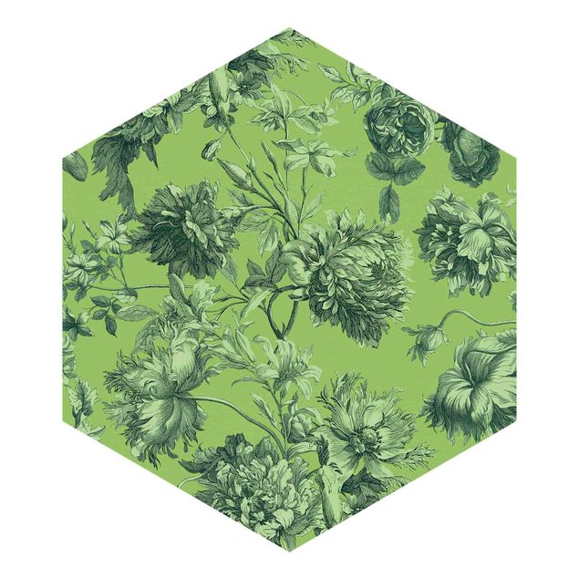 Hexagon Behang Floral Copper Engraving Spring Green