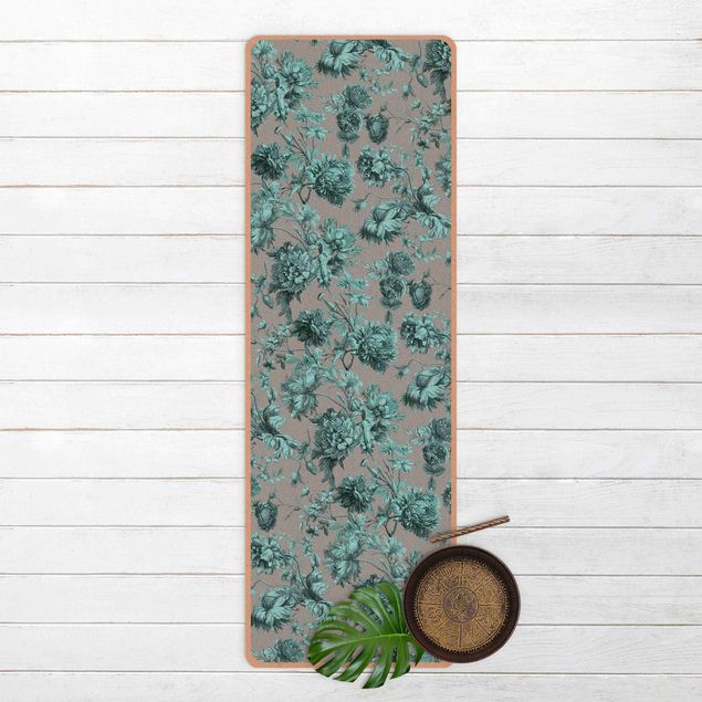 moderne vloerkleden Floral Copper Engraving Turquoise Grey
