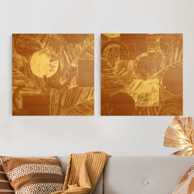 Natuurlijk canvas schilderijen - 2-delig  Shapes And Leaves Copper