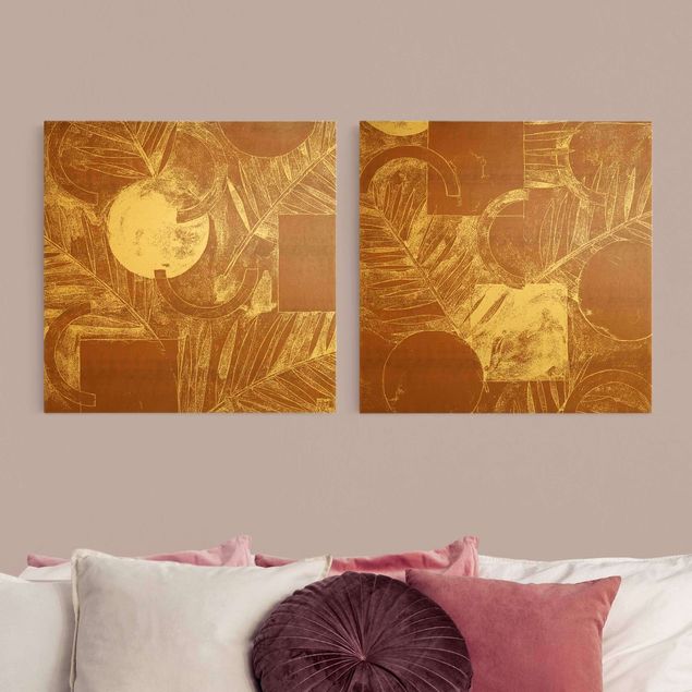Natuurlijk canvas schilderijen - 2-delig  Shapes And Leaves Copper