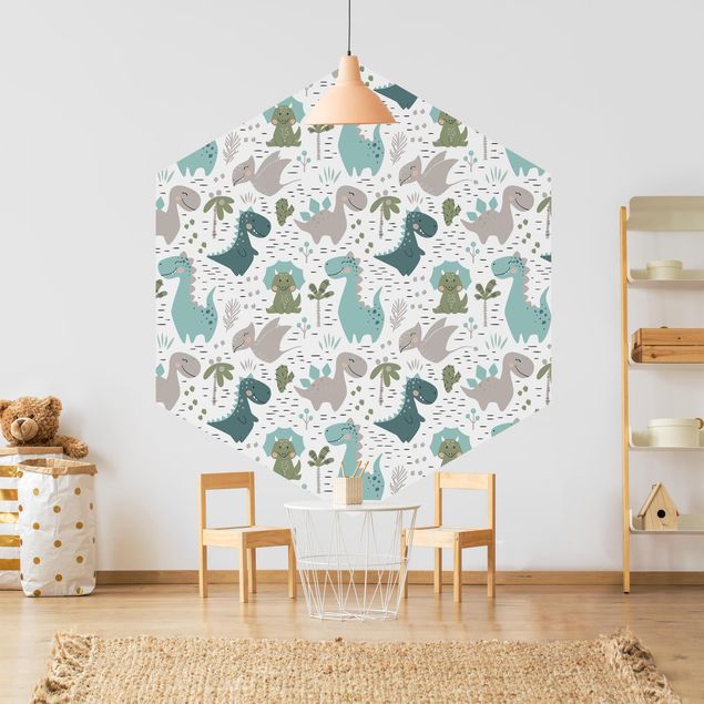 Hexagon Behang Friendly Dinosaur With Palm Trees And Cacti