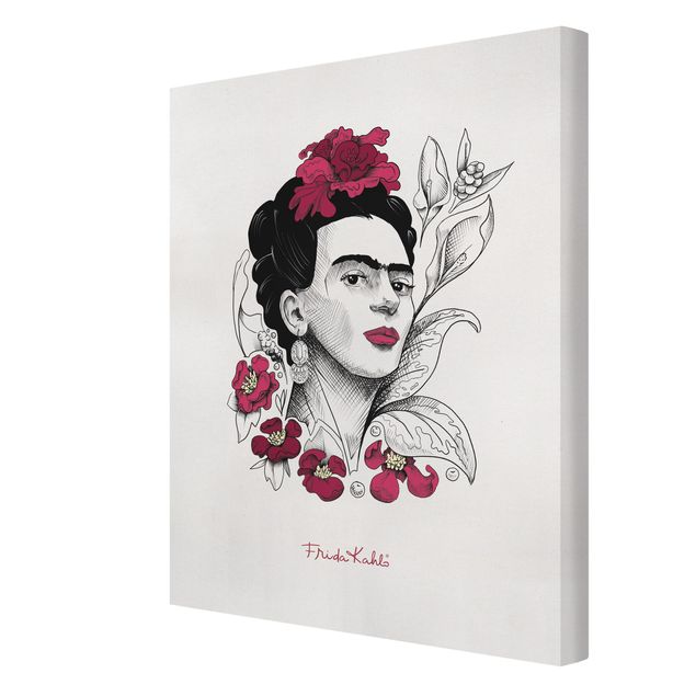 Leinwandbild - Frida Kahlo Portrait mit Blüten - Hochformat 3:4