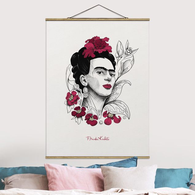 Stoffen schilderij met posterlijst - Frida Kahlo Portrait With Flowers