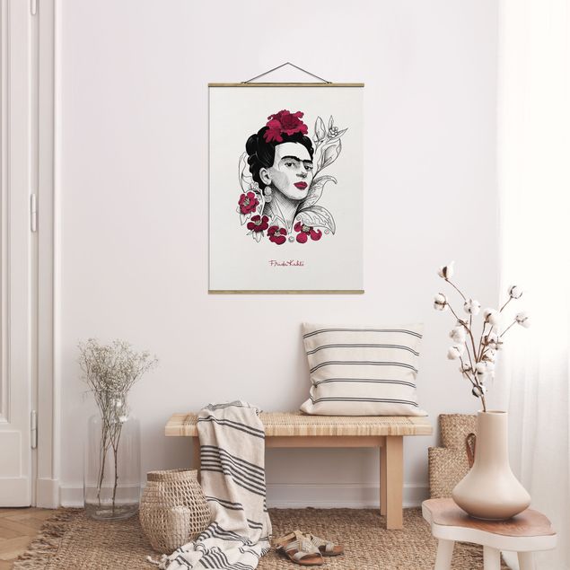 Stoffen schilderij met posterlijst - Frida Kahlo Portrait With Flowers