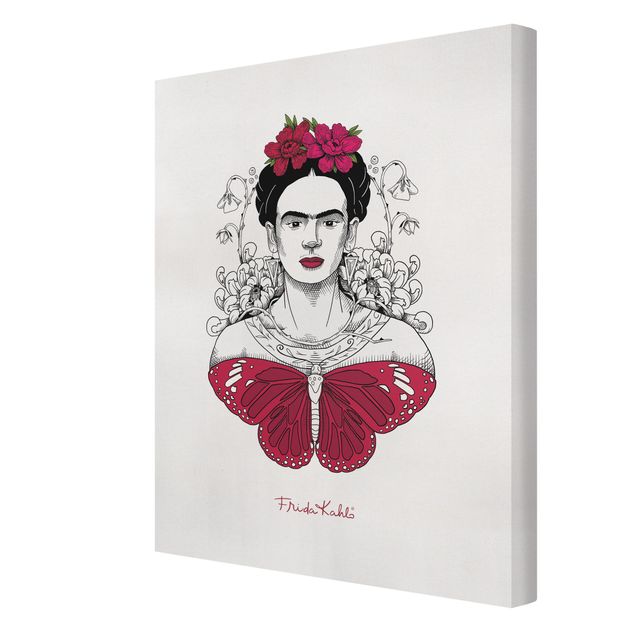Leinwandbild - Frida Kahlo Portrait mit Blüten und Schmetterling - Hochformat 3:4