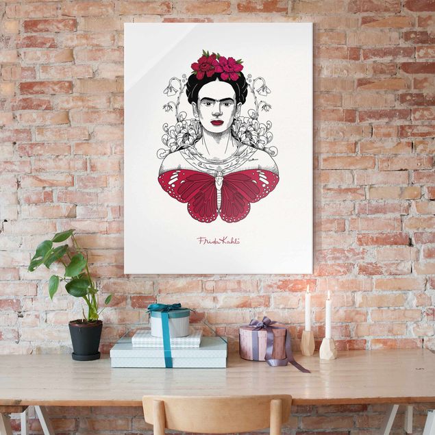 Glas Magnetboard Frida Kahlo Portrait With Flowers And Butterflies