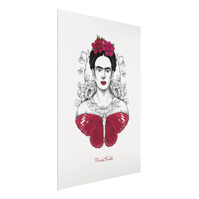 Glasschilderijen - Frida Kahlo Portrait With Flowers And Butterflies