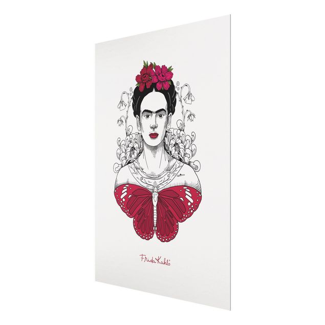 Glasschilderijen - Frida Kahlo Portrait With Flowers And Butterflies