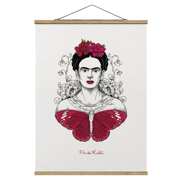 Stoffen schilderij met posterlijst - Frida Kahlo Portrait With Flowers And Butterflies