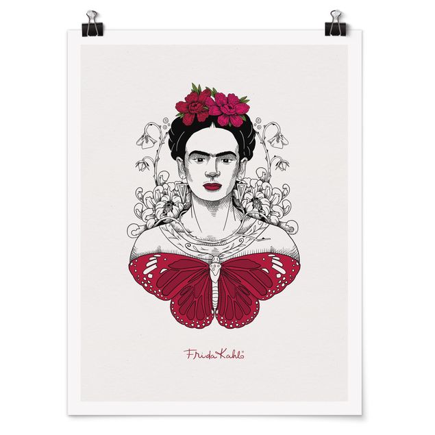 Poster - Frida Kahlo Portrait mit Blüten und Schmetterling - Hochformat 3:4