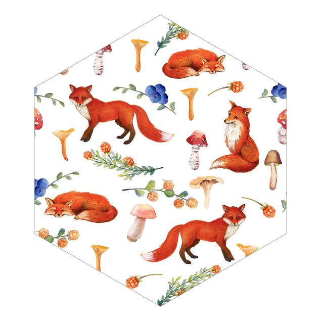 Hexagon Behang Fox With Mushroom Illlustration