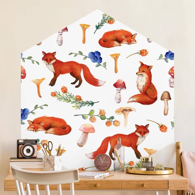 Hexagon Behang Fox With Mushroom Illlustration