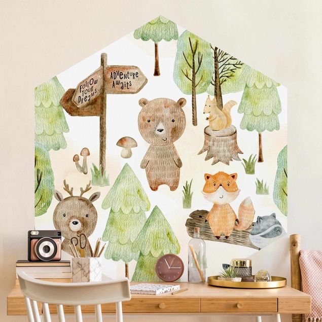 Hexagon Behang Fox And Bear With Trees