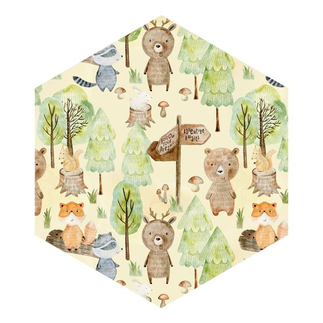 Hexagon Behang Fox Forest Adventure Illustration